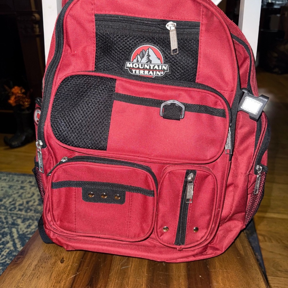Mountain Terrain Backpack Red Black Multi Pocket Laptop Travel School Bag